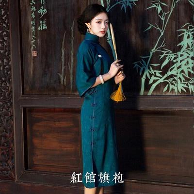 红馆旗袍2025春季新款花罗杭罗香云纱真丝高端古法一片式倒大袖旗袍莫言歌 蓝色 S