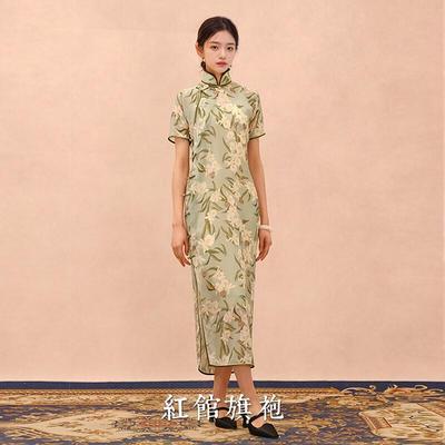 红馆旗袍2025春夏新款高端优雅年轻款少女改良高端真丝旗袍百花妆 浅黄色 M
