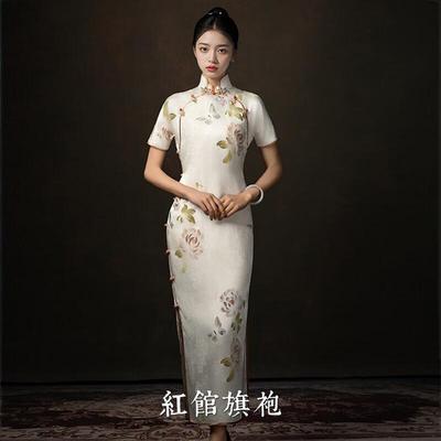 红馆旗袍一片式新中式千金大小姐修身1930S修身手绘水墨画长旗袍春塘水 白色 S